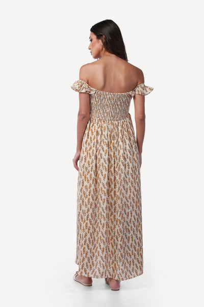 Off shoulder on sale smocked maxi dress