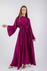 Pleated Rose Waist Belt Solid Dress\ ناتسف هداس مازحب يدرو يوطم ىلع رصخلا