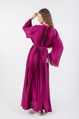 Pleated Rose Waist Belt Solid Dress\ ناتسف هداس مازحب يدرو يوطم ىلع رصخلا