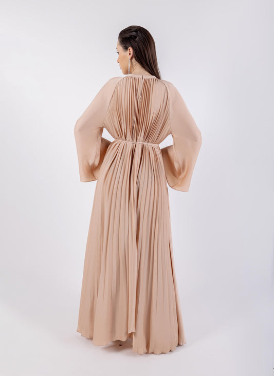 Pleated Rose Waist Belt Solid Dress\ ناتسف هداس مازحب يدرو يوطم ىلع رصخلا