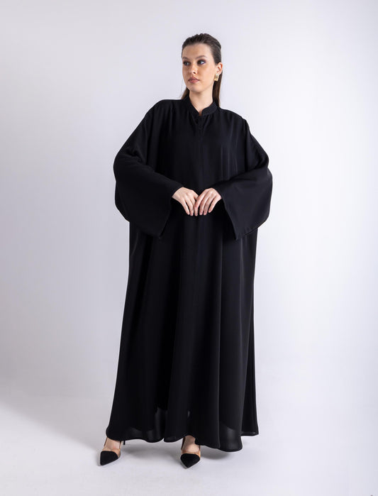 2465002-Black Kimono-Inspired Abaya with Subtle Stitching