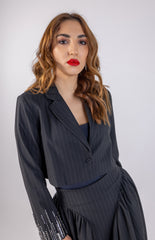 Cropped Striped Sequenced Sleeves Blazer