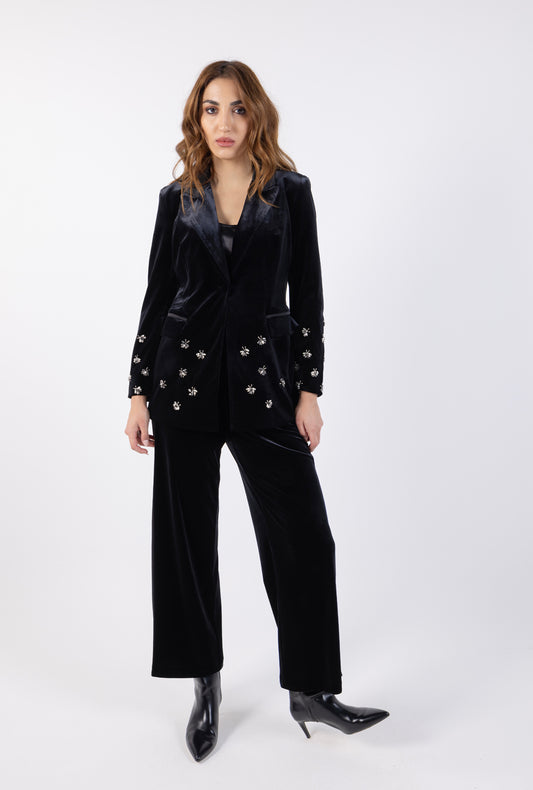 Bee Studded Solid Velvet Blazer