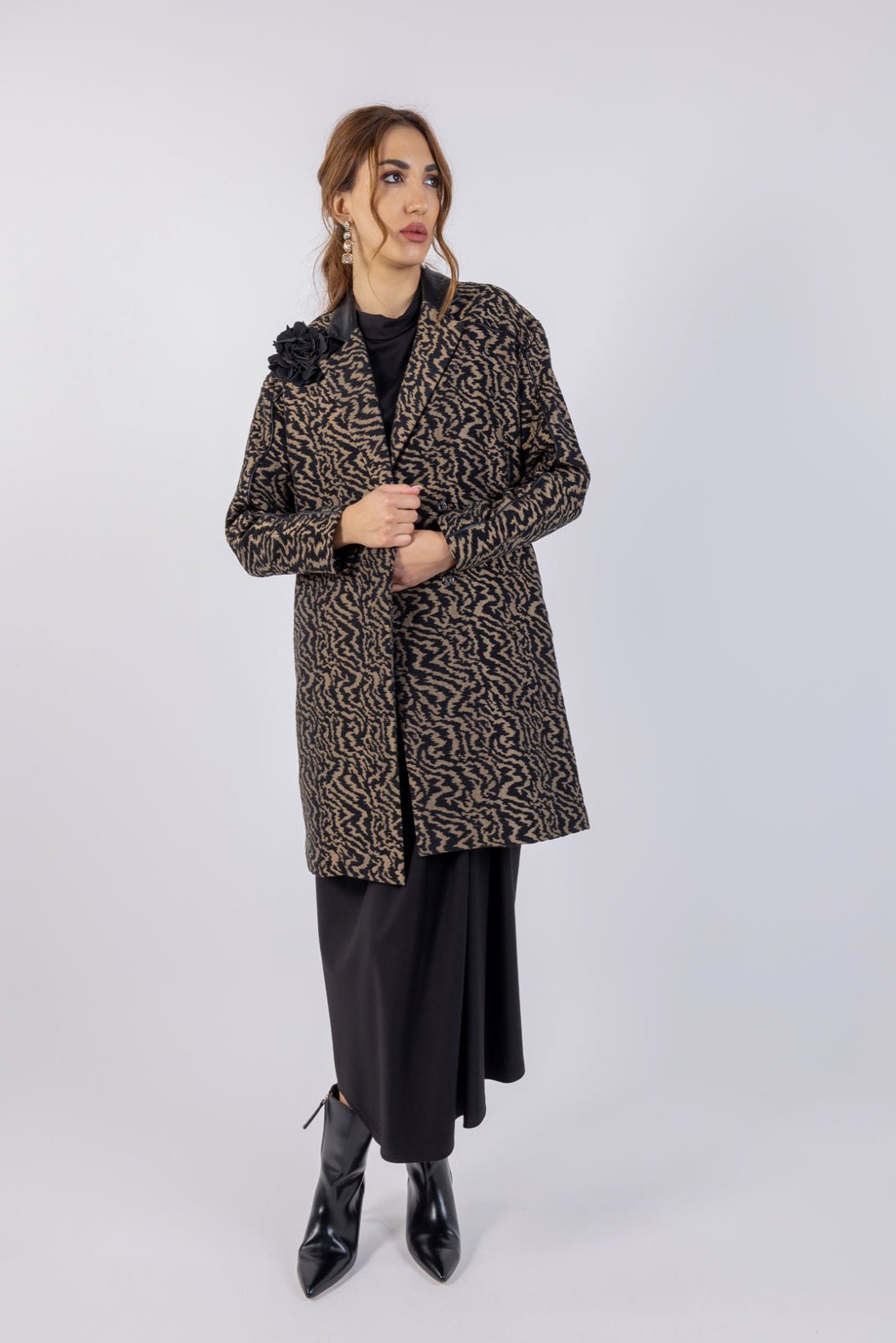 Elegant Textured Long Coat with Floral  Shoulder Accent