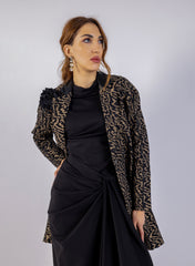 Elegant Textured Long Coat with Floral  Shoulder Accent