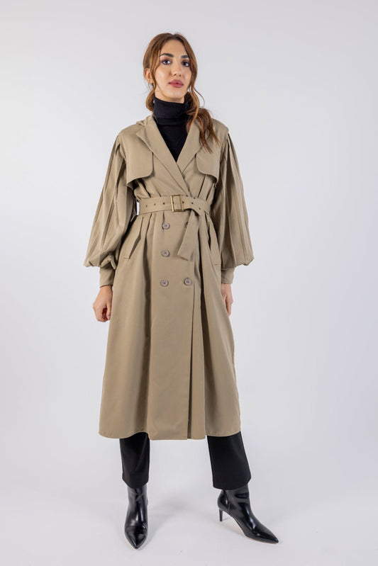 Elegant Double-Breasted Trench Coat with Pleated Balloon Sleeves