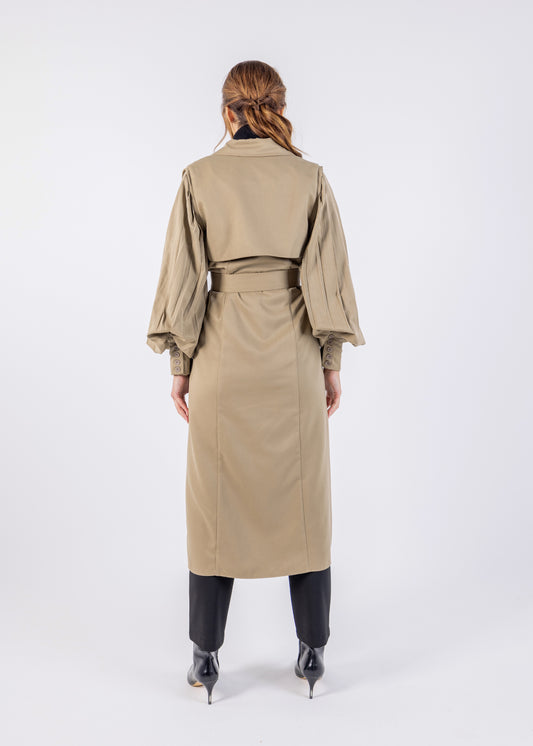 Elegant Double-Breasted Trench Coat with Pleated Balloon Sleeves