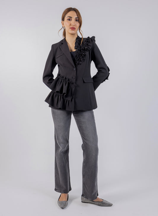 2403195-Asymmetric Ruffle Accents Solid Blazer