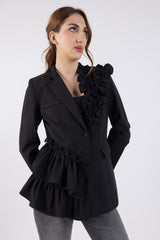 2403195-Asymmetric Ruffle Accents Solid Blazer