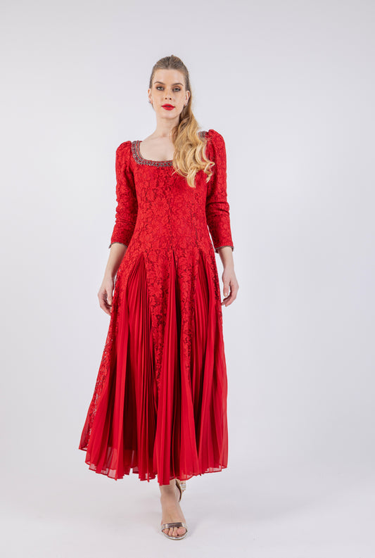 Embellished Lace Pleated Midi Dress