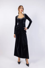 Velvet Embellished Neckline Maxi Dress