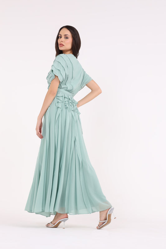 2406193-Solid Ruffled & Pleated Maxi Dress