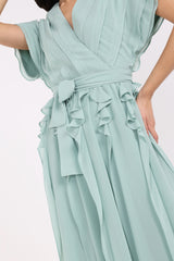 2406193-Solid Ruffled & Pleated Maxi Dress