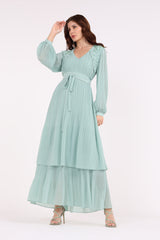 2406192-Solid Embellished Shoulders Plisse Long Dress