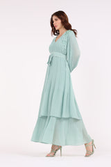 2406192-Solid Embellished Shoulders Plisse Long Dress