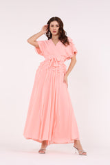 2406193-Solid Ruffled & Pleated Maxi Dress