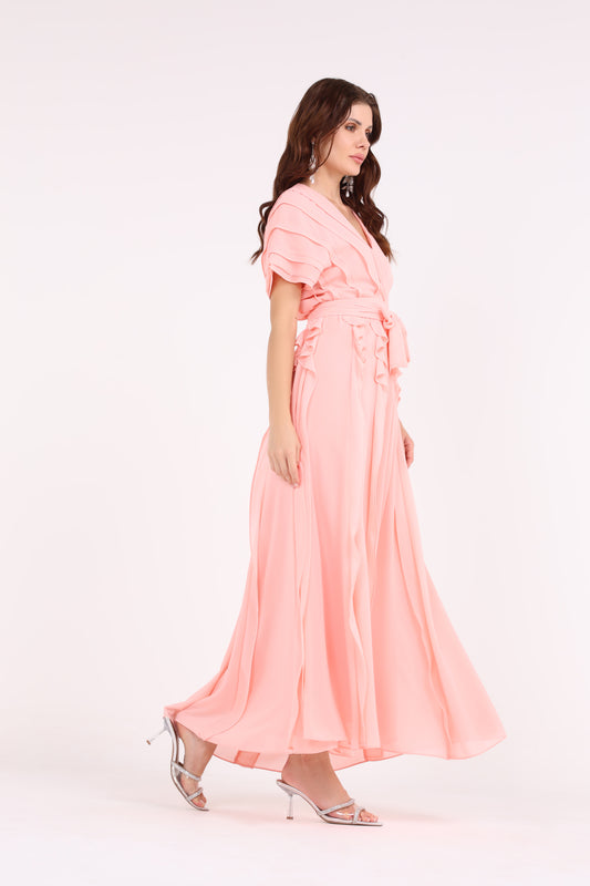 2406193-Solid Ruffled & Pleated Maxi Dress