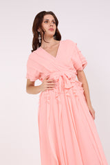 2406193-Solid Ruffled & Pleated Maxi Dress