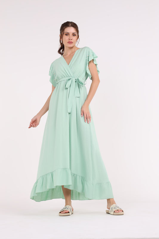 2454001-Butterfly Pearl Sleeves Maxi Dress