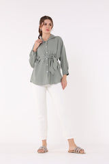 2402085-Belted Buttoned Solid Shirt