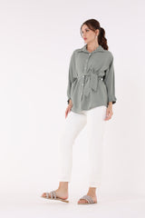 2402085-Belted Buttoned Solid Shirt