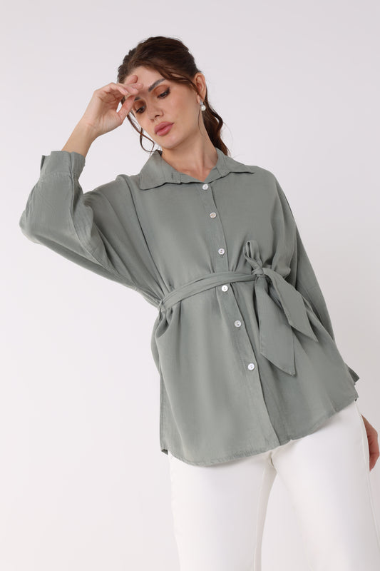 2402085-Belted Buttoned Solid Shirt