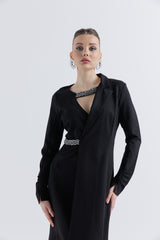 Black Blazer Dress with Luxe Embellished Collar