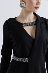 Black Blazer Dress with Luxe Embellished Collar