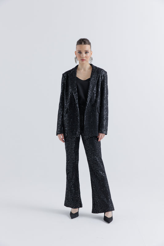 Elegant Black Sequin Flared Pants