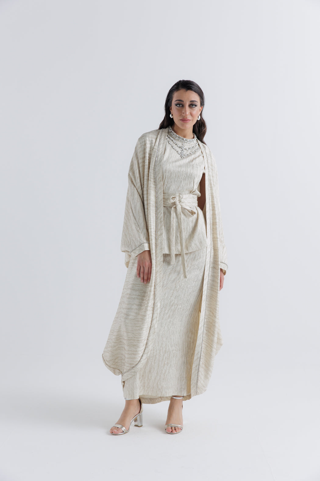 Embellished Arabic Style Long Cardigan – Waist-Tied Elegance