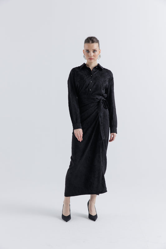 Elegant Textured Black Shirt with Stonework Buttons & High-Low Hem