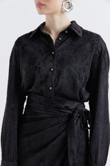 Elegant Textured Black Shirt with Stonework Buttons & High-Low Hem