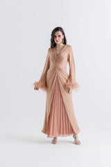 Timeless Elegance: Pleated Gown with Feather Cuffs