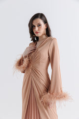 Timeless Elegance: Pleated Gown with Feather Cuffs