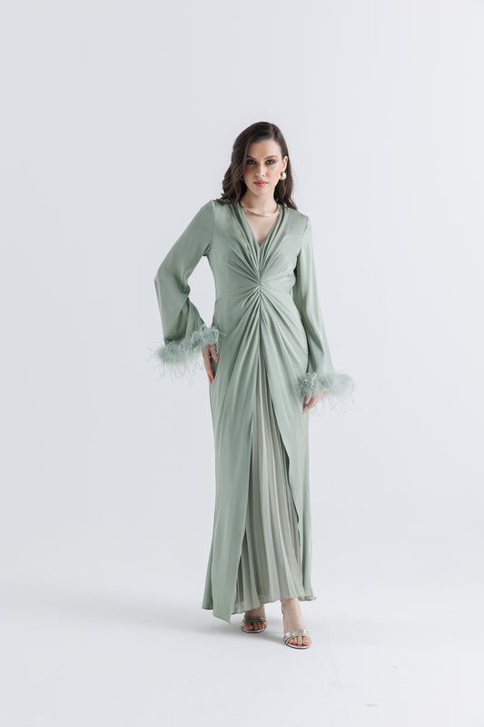 Timeless Elegance: Pleated Gown with Feather Cuffs