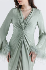 Timeless Elegance: Pleated Gown with Feather Cuffs