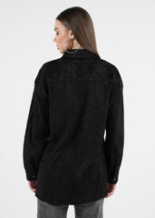 Elegant Textured Black Shirt with Stonework Buttons & High-Low Hem