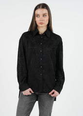 Elegant Textured Black Shirt with Stonework Buttons & High-Low Hem