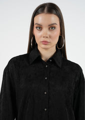 Elegant Textured Black Shirt with Stonework Buttons & High-Low Hem