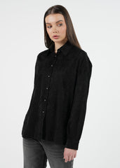 Elegant Textured Black Shirt with Stonework Buttons & High-Low Hem