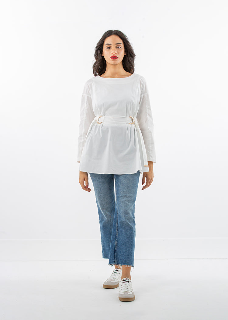 2205092-Buckle with Drawstring Waist Blouse