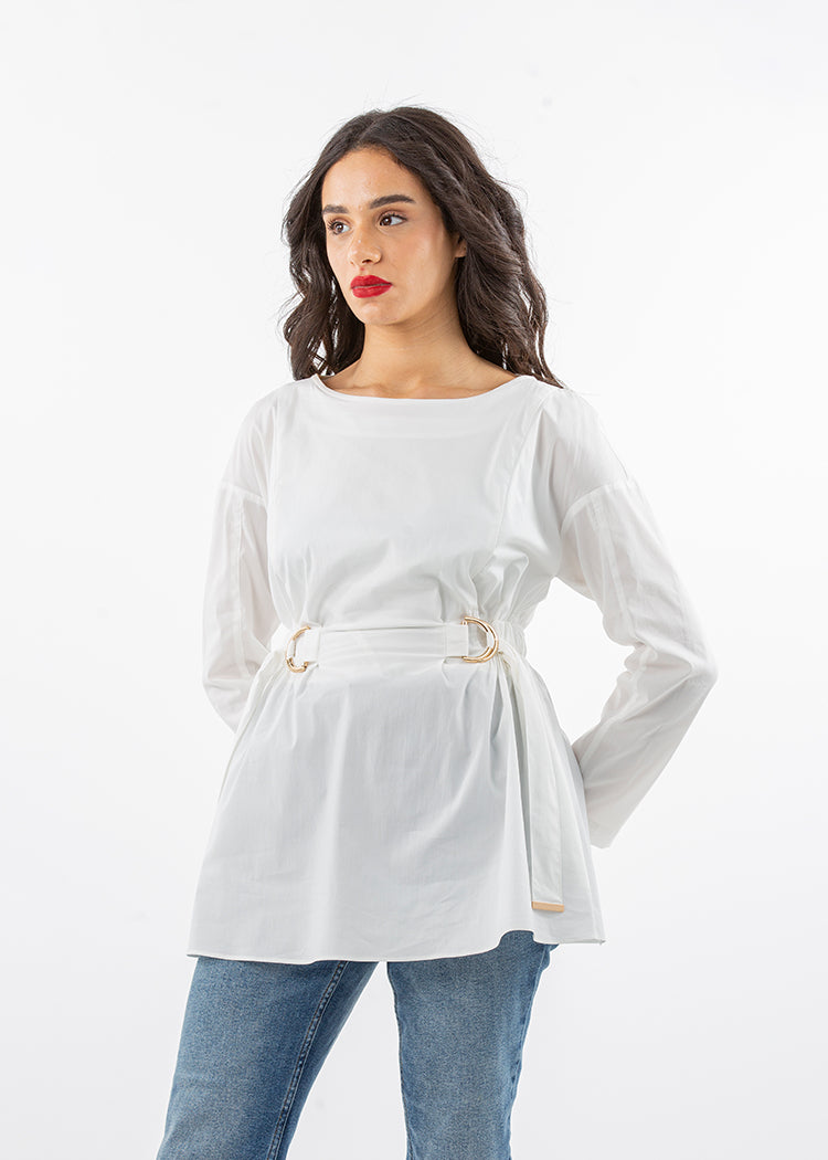 2205092-Buckle with Drawstring Waist Blouse