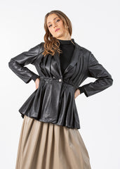 2103039- Pleated Peplum Leather Jacket - Montania Shop