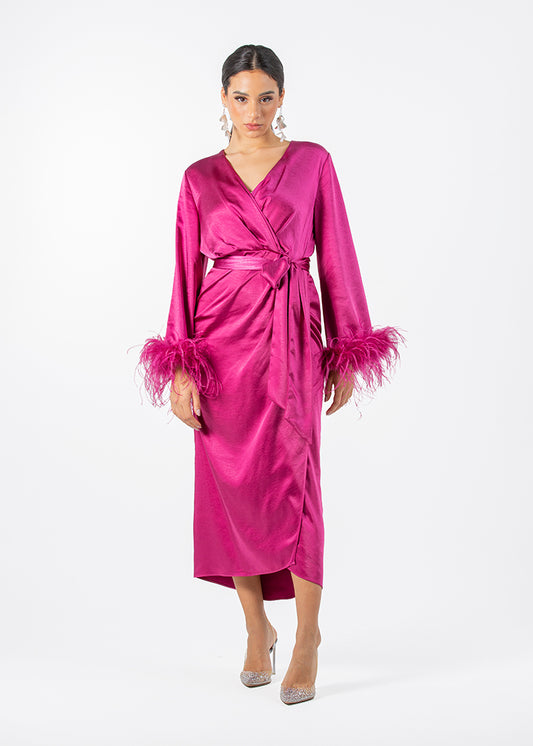 2306210-Asymetrical Long Sleeves Dress With Feathered Cuff