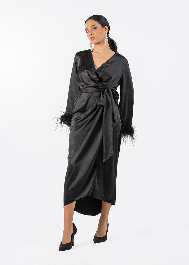 2306210-Asymetrical Long Sleeves Dress With Feathered Cuff