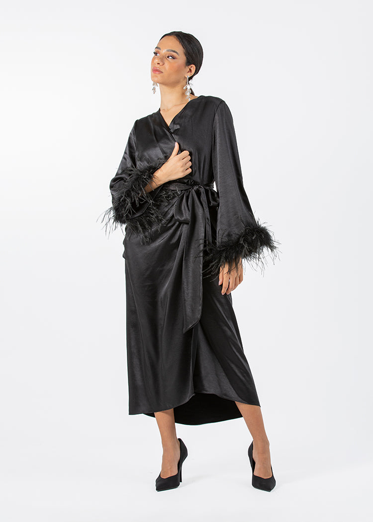 2306210-Asymetrical Long Sleeves Dress With Feathered Cuff