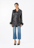 2306200-Long Sleeve Top with Feather Cuff Detail