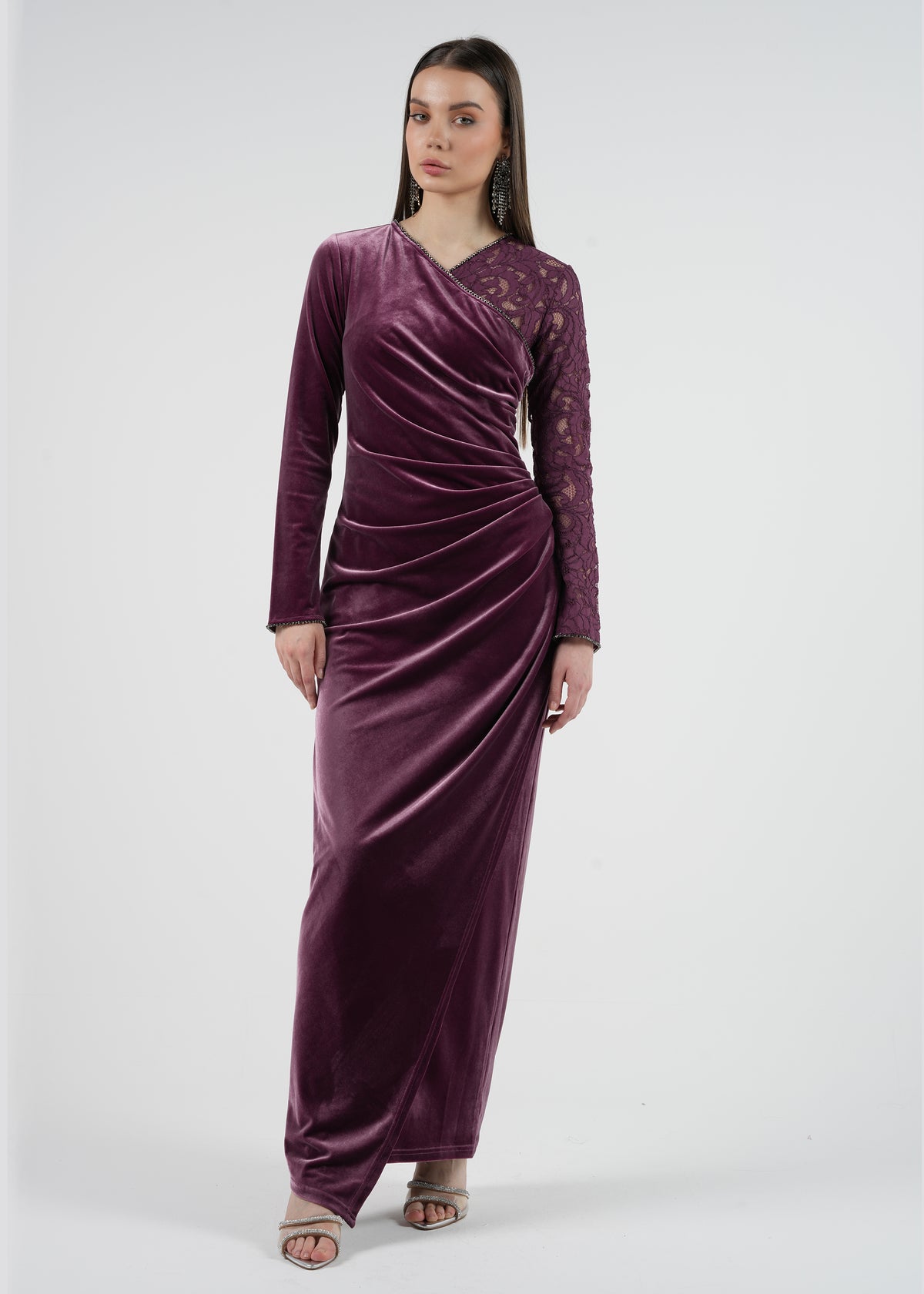 One-Shoulder Velvet & Lace Evening Gown with Embellished Cuff