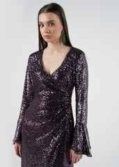 Sequin Wrap Maxi Dress with Flared Long Sleeves