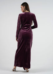 One-Shoulder Velvet & Lace Evening Gown with Embellished Cuff